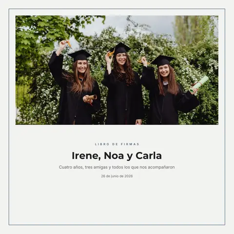 Portada del libro de ejemplo «Irene, Noa y Carla», con tres graduadas con birrete
