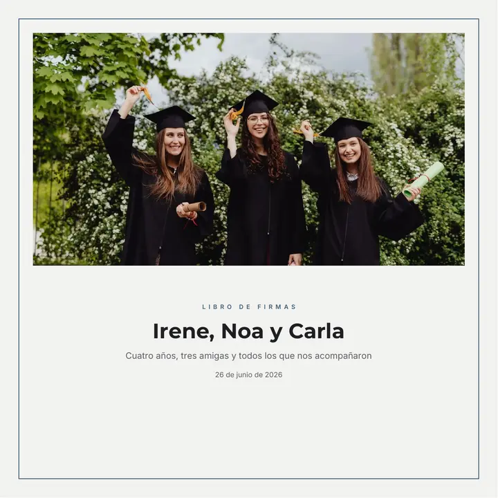Portada del libro de firmas de la graduación de ejemplo, con una foto de tres amigas con toga y birrete