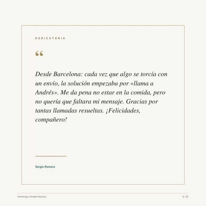 Página del libro con una dedicatoria destacada de un compañero de otra delegación