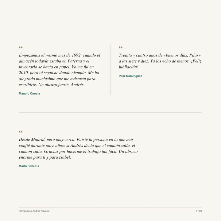 Página del libro con tres dedicatorias de texto de compañeros de distintas épocas